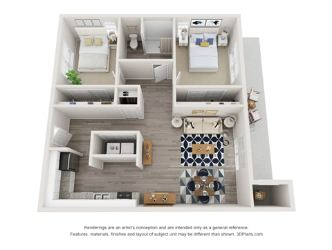 A 3D floor plan of a house with a kitchen, living room, and bathroom.